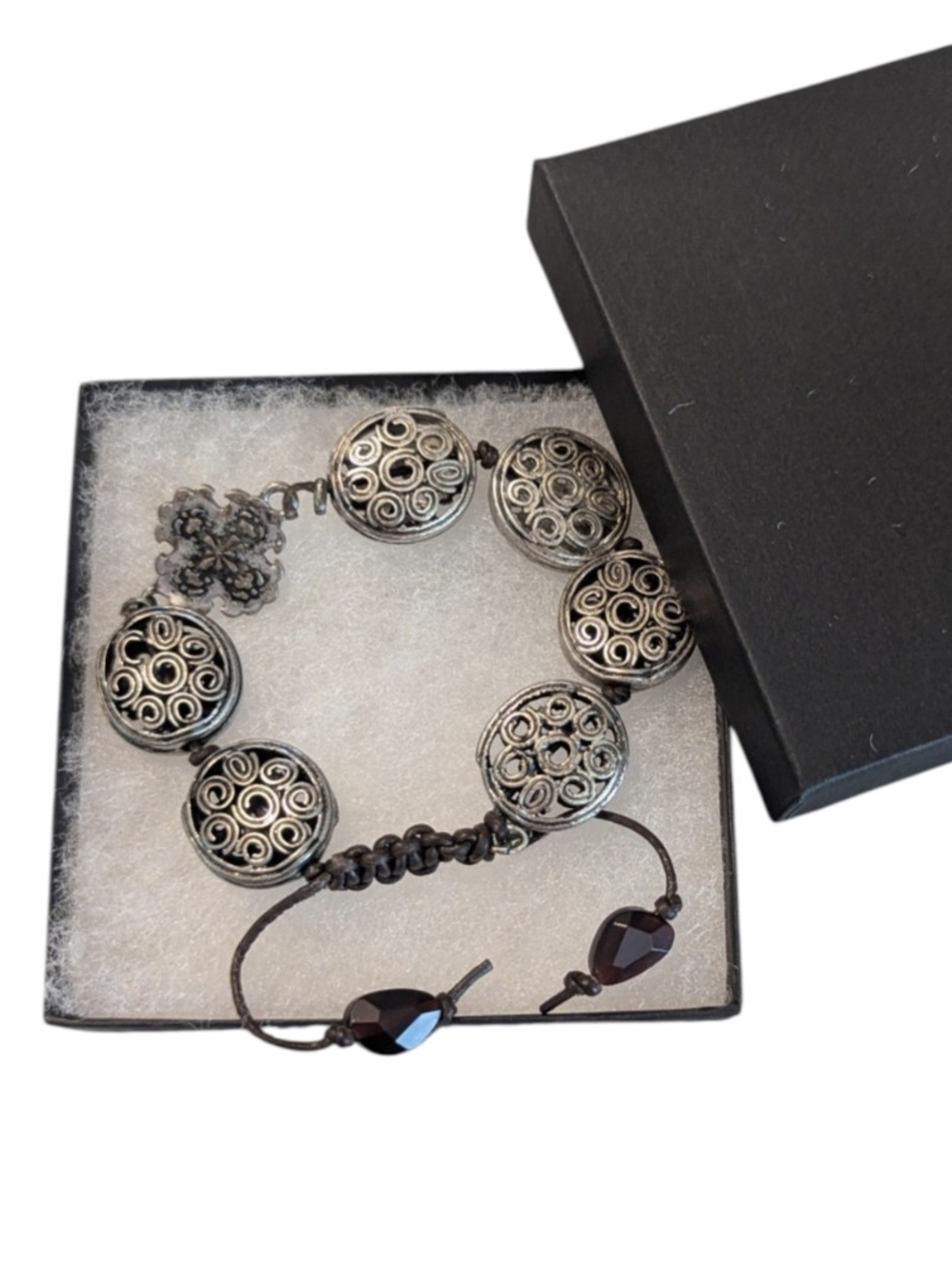 VTG Retired Boho Lucky Brand Silver Disc & Red Stones Enameled Bracelet AS IS